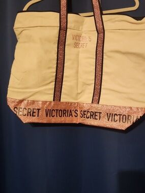 Victoria's Secret Cream Tote with Pink Rose Gold Glitter Trim